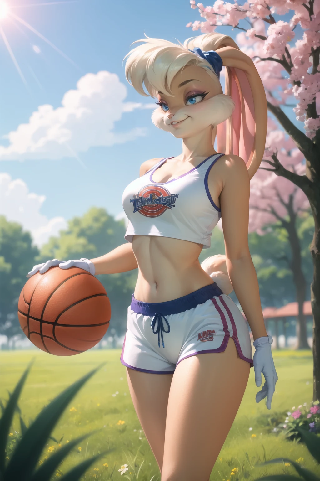 (masterpiece, best quality:1.2), <lora:lola_bunny:.9>, lola bunny, 1girl, breasts, gloves, solo, furry female, rabbit girl, shorts, white gloves, furry, navel, rabbit ears, animal ears, large breasts, cleavage, collarbone, white shorts, midriff, sportswear, sports bra, bare shoulders, standing, stomach, crop top, tail, short shorts, blue eyes, thighs, rabbit tail, basketball uniform, clothes writing, toned, animal nose, parted lips, sleeveless, teeth, short hair, shirt, flower, blurry, outdoors, purple flower, depth of field, nature, blurry background, day, looking away, smile, looking to the side, plant, grass, blurry foreground, standing, sunlight, pink flower