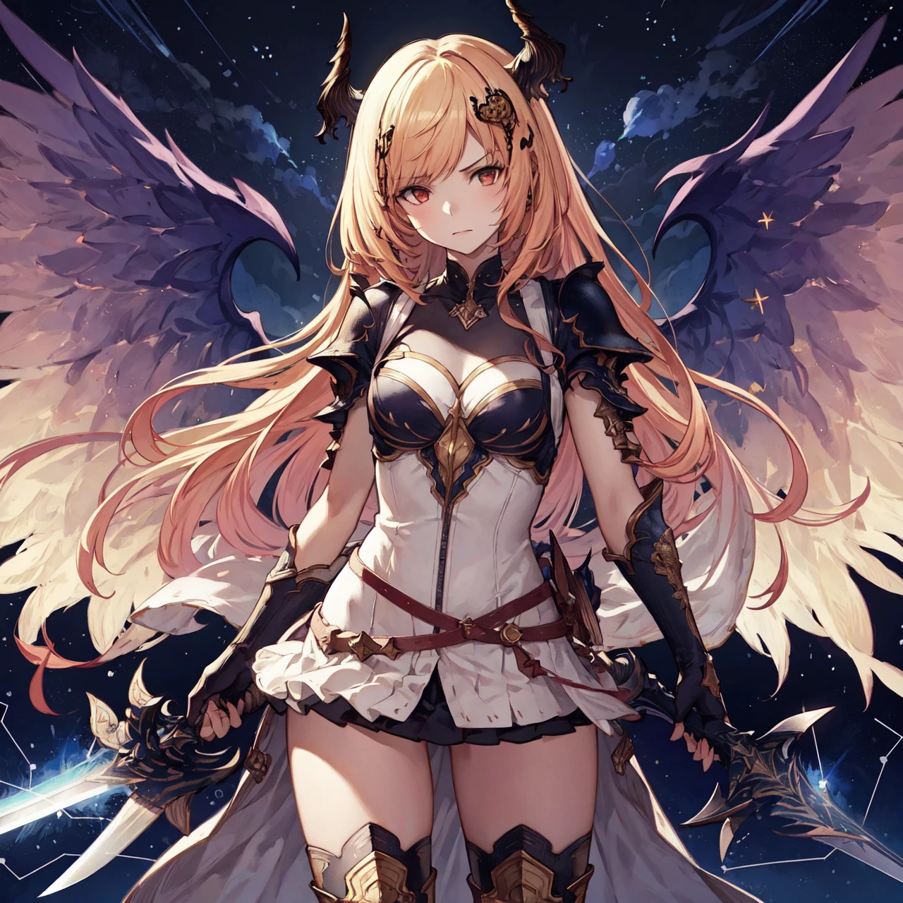 (masterpiece),(best quality),extreamly delicate and beautiful,illustration,1girl,d-angel-olivia,wings,hair ornament,serious, sword, dual wielding, shooting star,constellation, starry background, thighhighs, cowboy shot, <lora:d-angel-olivia-000006:1> 