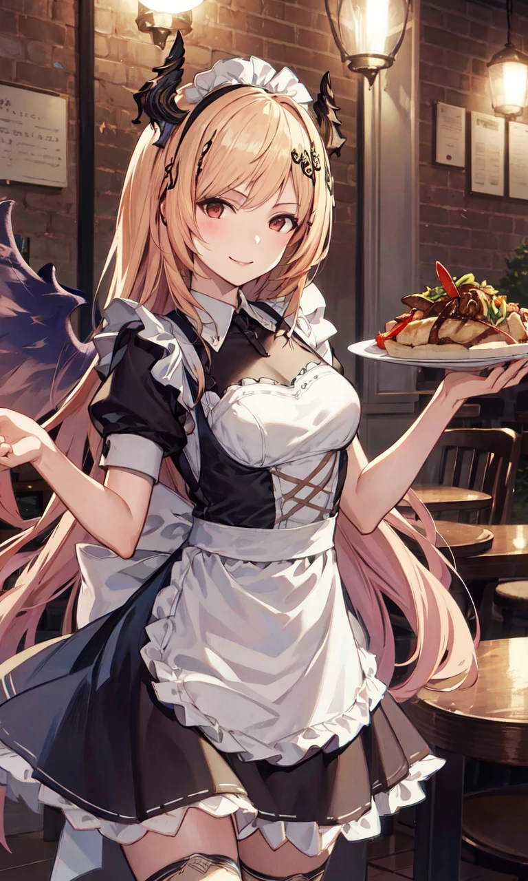 (masterpiece),(best quality),extreamly delicate and beautiful,illustration, 1girl, d-angel-olivia, maid, maid headdress, enmaided, maid apron, holding plate, smile,  restaurant,  cowboy shot,  <lora:d-angel-olivia-000006:1>