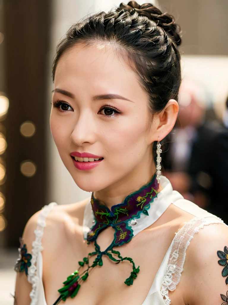 zzy, 1girl,(wearing silk  cheongsam:1.5), hair bun,(RAW photo, best quality), (realistic, photo-realistic:1.4), masterpiece, an extremely delicate and beautiful, extremely detailed, 2k wallpaper, Amazing, finely detail, extremely detailed CG unity 8k wallpaper, ultra-detailed, highres, soft light, beautiful detailed girl, extremely detailed eyes and face, beautiful detailed nose, beautiful detailed eyes,cinematic lighting,city lights at night,perfect anatomy,slender body,smiling
 <lora:Zhangziyi_v10:0.8>