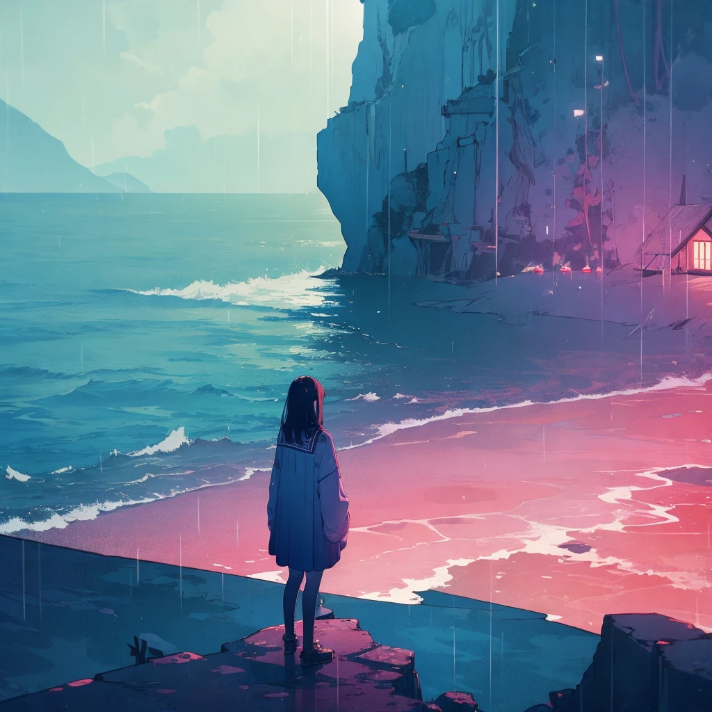 Anime girl standing on a rock looking out at the ocean - SeaArt AI
