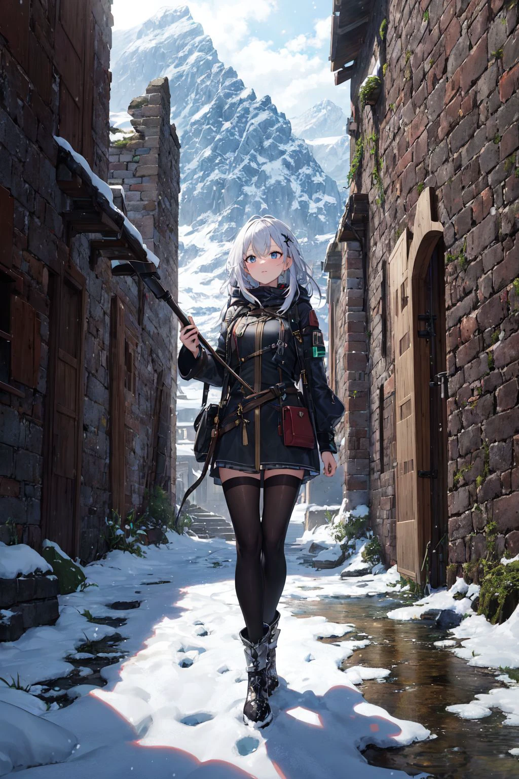 ((masterpiece)), (best quality),
official art, extremely detailed CG unity 8k wallpaper, highly detailed, shiny skin, Depth of field, vivid color,
1girl, (skinny:1.3), narrow waist,
snowy landscape, with snow-capped mountains, panorama, Illustrate the ruins of an ancient castle, with crumbling walls, mysterious passageways, and a sense of history and intrigue, water, moss