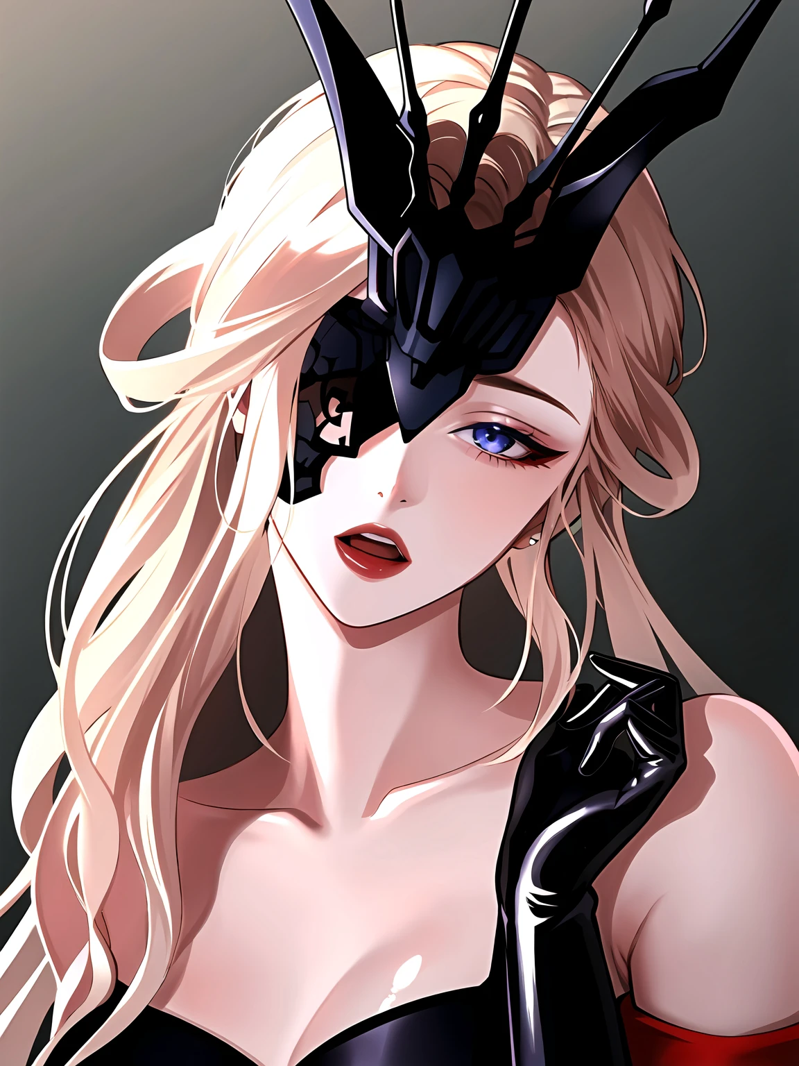 1girl, solo, blonde hair, gloves, blue eyes, long hair, black gloves, open mouth, mask, one eye covered, elbow gloves, collarbone, black mask, looking at viewer, bare shoulders,upper body,realistic,(shiny skin),signora \(genshin impact\),(mature female:1.16),bad-girl,<lora:signora-v3-lora-any-6ep-resize:0.7>,<lora:badgirl-v1.5-lora-naivae-block-8ep:0.55>