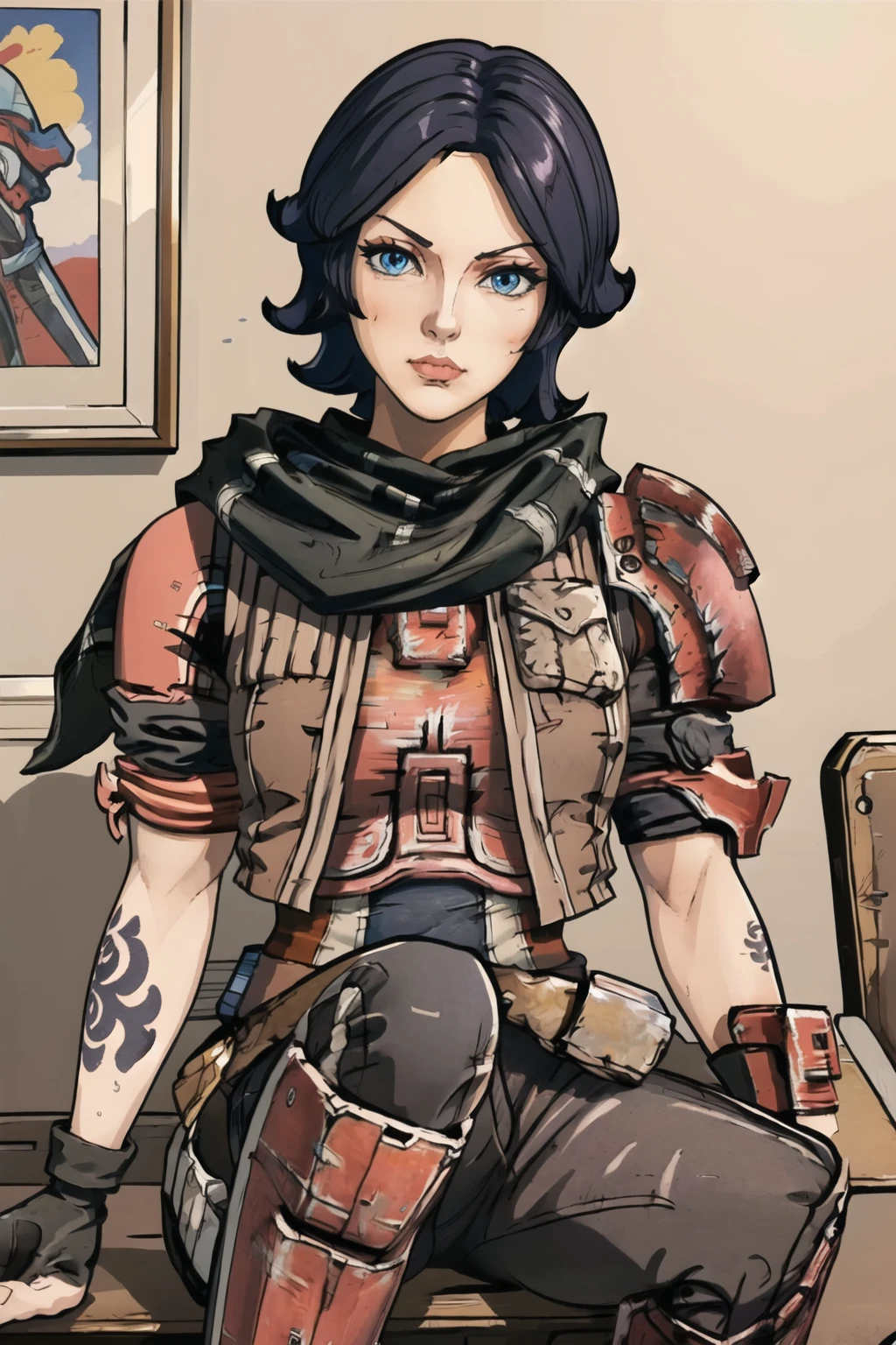 (masterpiece, best quality:1.2), <lora:athena_(borderlands):.9>, athena (borderlands), 1girl, solo, gloves, short hair, fingerless gloves, armor, black hair, knee pads, pants, tattoo, breasts, belt, breastplate, vest, blue eyes, scarf, jacket, head tilt, close-up, portrait, chair, indoors