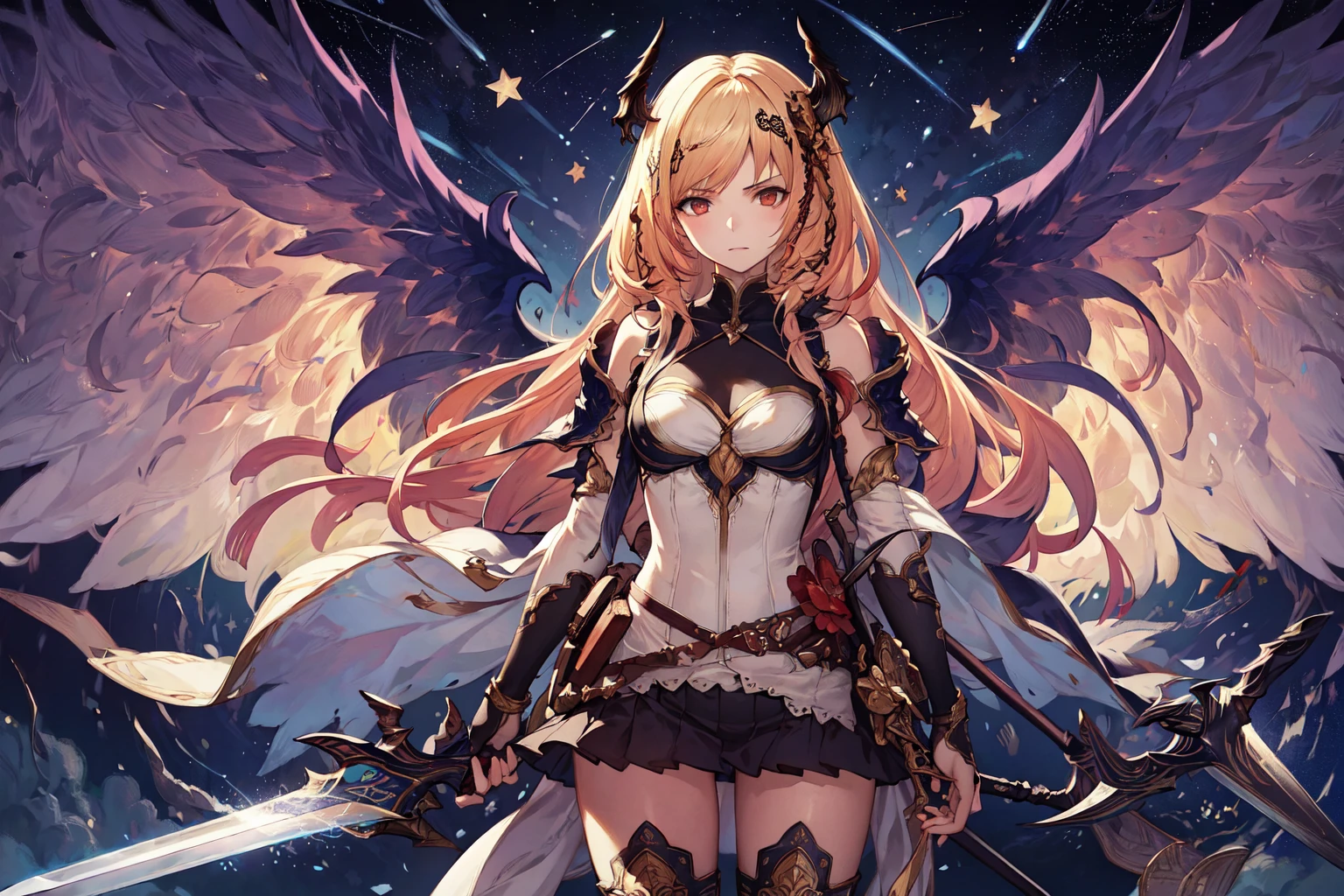 (masterpiece),(best quality),extreamly delicate and beautiful,illustration,1girl,d-angel-olivia,wings,hair ornament,serious, sword, dual wielding, shooting star,constellation,    starry background, thighhighs,   cowboy shot,  <lora:d-angel-olivia-000006:1> 