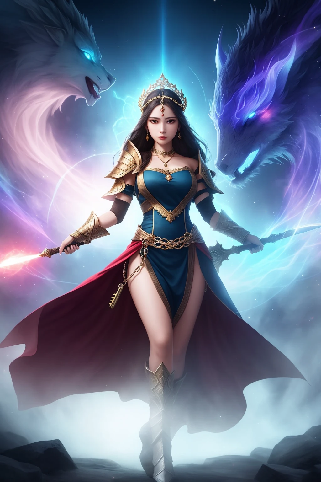 ultra realistic 8k cg, flawless, clean, masterpiece, Enter the realm of fantasy and behold a goddess of war whose presence resonates with majestic power. Picture a divine being, adorned in ethereal armor that gleams with otherworldly radiance, and wielding a mythical weapon that holds the key to victory. With a digital camera equipped with a wide-angle lens, embark on a quest to capture the essence of this formidable deity. Describe her regal aura, as if she has stepped out of the pages of ancient legends, and her enigmatic nature that draws both reverence and intrigue. Unveil the depth of her connection to the fabric of existence, her purpose intertwined with the very threads of destiny. Revel in the epic battles she orchestrates, where the clash of steel and the surge of magic shape the fate of realms. Let your words weave a tapestry of wonder and awe, as you unveil the stories of her valor, sacrifice, and the eternal mark she leaves upon the