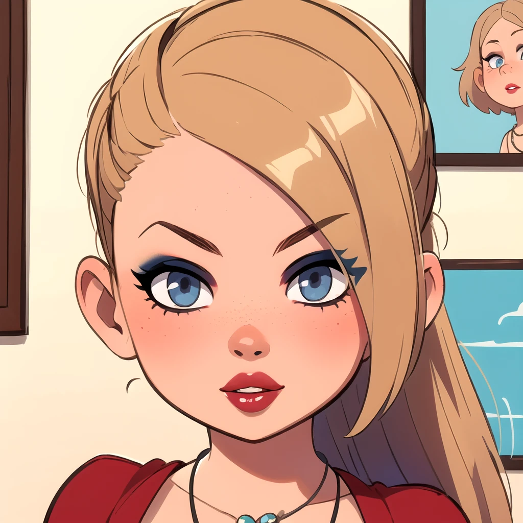 (masterpiece:1.2), (best quality:1.2), (detailed:1.2), dmdghtr, 1girl, solo, looking at viewer, blue eyes, blonde hair, jewelry, necklace, lips, makeup, portrait, freckles, red lips, <lora:dmd:1>