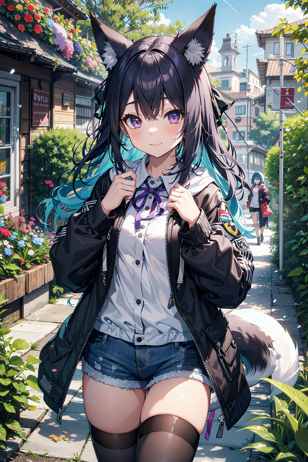 pixai, 1girl, blue haired, long hair, fox girl, (black fox ears), (1fox_tail), hair ribbon accessories, neck ribbon, white collared buttoned shirt, black jacket-hoodie, black denim shorts, black thigh highs, garden scenery, sunlight, intricate details, highres, best quality, purple eyes, kind smile, looking at viewer, HDR,