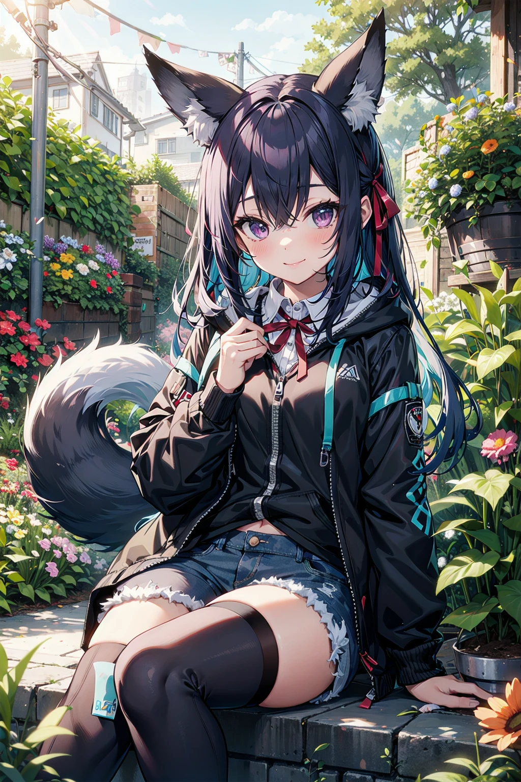 pixai, 1girl, blue haired, long hair, fox girl, (black fox ears), (1fox_tail), hair ribbon accessories, neck ribbon, white collared buttoned shirt, black jacket-hoodie, black denim shorts, black thigh highs, garden scenery, sunlight, intricate details, highres, best quality, purple eyes, kind smile, looking at viewer, HDR,