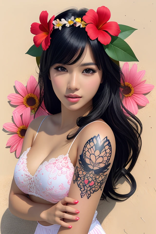 tattoo design, stencil, beach photography, tattoo stencil, traditional, beautiful portrait of a traditional Hawaiian girl with flowers in her hair, upper body, by artgerm, artgerm, artgerm, digital art, cat girl, anime eyes, anime, sexy, super model-s 100