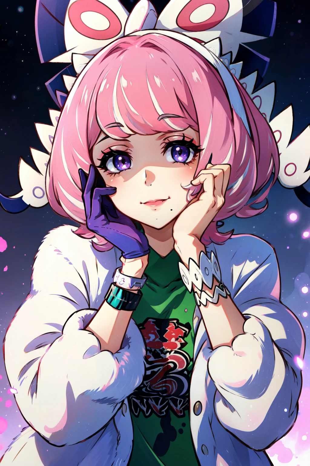 <lora:klara_pokemon-08:1>klara(pokemon), looking at viewer, mole, 1girl, pink lips, jacket, purple gloves, pink hair, hands on own face, closed mouth, smile, hands on own cheeks, jewelry, eyeshadow, makeup, eyelashes, solo, white jacket, gloves, shaded face, dynamax band, pink eyeshadow, hair bow, purple eyes, mole under mouth, hands up, single glove, upper body, bow, bracelet