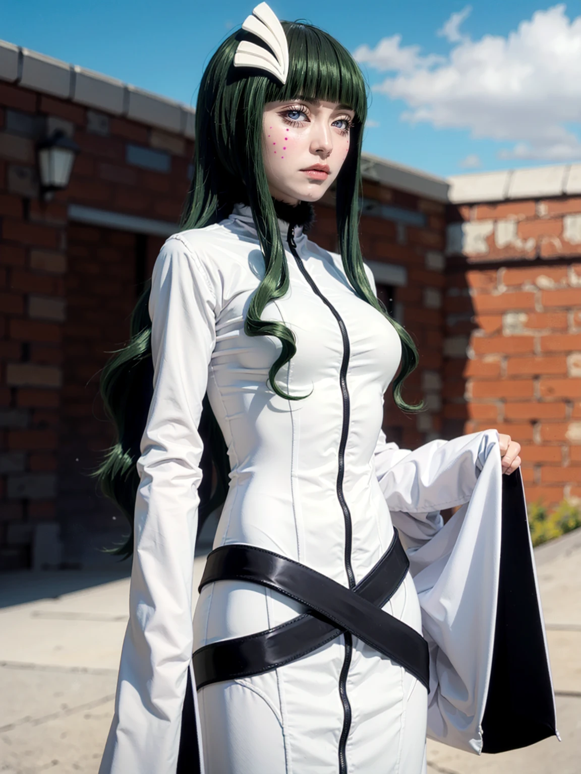 masterpiece, best quality, high detail, cyan_sung-sun, standard outfit, 1girl, solo, long green hair, three hair clip on the right side her bangs, three pink dots below her right eye, purple eyes, fur around neck, long white dress, long sleeves, criss-crossing belts, blue sky, (kbxll:0.6) <lora:Sung-Sun-03:1> cowboy shot,