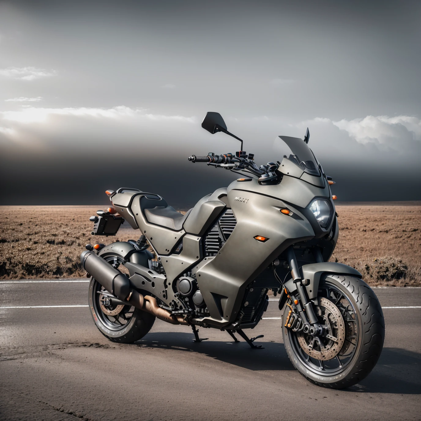RAW, (masterpiece:1.1), (black-khaki matte bike:1.2) <lyco:BikeMaker:0.65>, (minimalist futurism boxy design style:1.1),(view:1.2), offroad, winter fields, snow on road, dark morning, after rain, warm sunrise, (blue sky:1.2), mist, rusty dusty, dramatic
realistic, 8k uhd, dslr, cinematic lighting, high quality, film grain, Fujifilm XT3