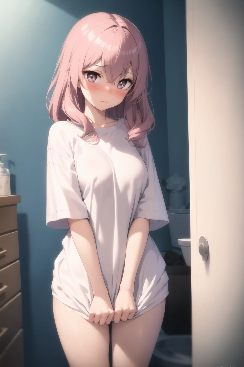 <lora:skirt_tug_v0.1:1>
1girl, clothes tug, embarrassed, blush, bathroom, looking at viewer, 
<lora:sono-bisque_v4.0b:1> inui sajuna, white tshirt, oversized shirt,, masterpiece, best quality, highly detailed