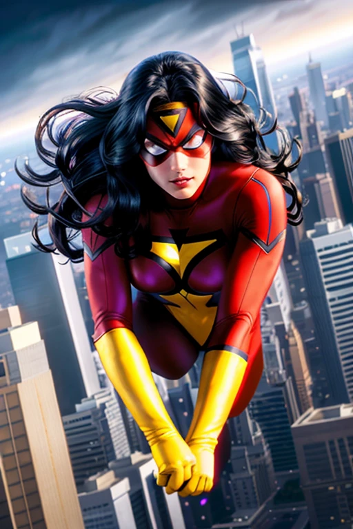 sw_jessicadrew flying over a city, red and yellow superhero costume, black hair, long hair, underarm webbing, red mask with white lenses and a yellow triangle on the forehead, photorealistic, highly detailed, high resolution, best quality, highres, (detailed eyes:1.4), (detailed face:1.2), colorful, vivid color <lora:Spider-Woman (Jessica Drew) LoRA v3.0 (sd-v1.5) 50-1500-000001:0.7>