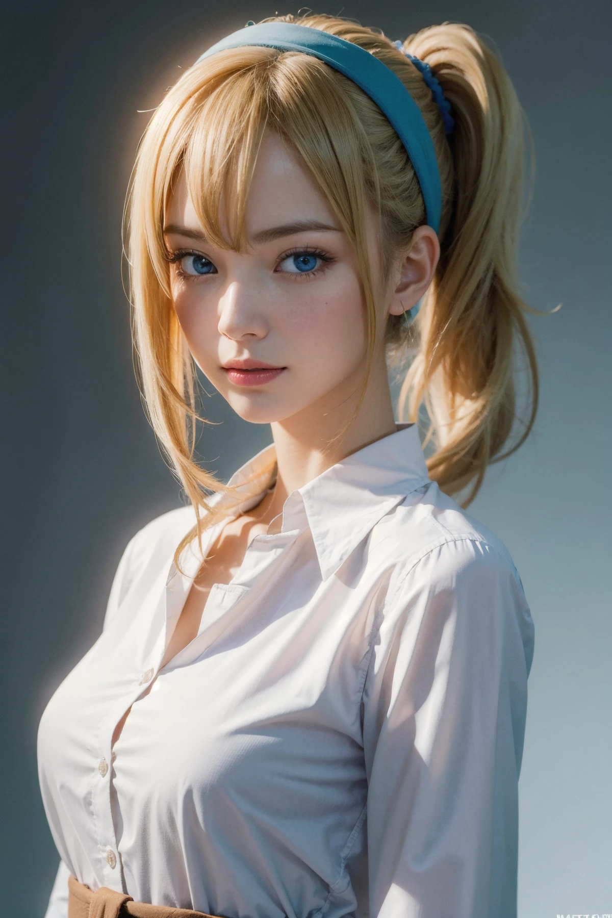 1girl , Beehive haircut, hairband,clear,
(realistic, photo-realistic:1.37),(8k, RAW photo, best quality, masterpiece:1.2), cute, ultra-detailed,heart-shaped pupils,physically-based rendering, ultra high res, looking at viewer,photorealistic,realistic, solo, photorealistic, best quality,extremely detailed face,extremely detailed eyes and face, beautiful detailed eyes,absurdres, incredibly absurdres,haunting smile,childish looks, best quality, masterpiece, portrait, a photography of a beautiful girl, detailed face, pov, (((depth of field))), pale and lustrous skin, (flat chest), neon glow, random background, <lora:AiHayasakaV4:1>
AiHayasakaV4, 1girl, solo, breasts, looking at viewer, blush, blue eyes, blonde hair, simple background, shirt, hair ornament, white background, hair between eyes, school uniform, white shirt, nail polish, side ponytail, v, scrunchie, hair scrunchie, blue nails, clothes around waist, blue scrunchie, shuuchiin academy school uniform