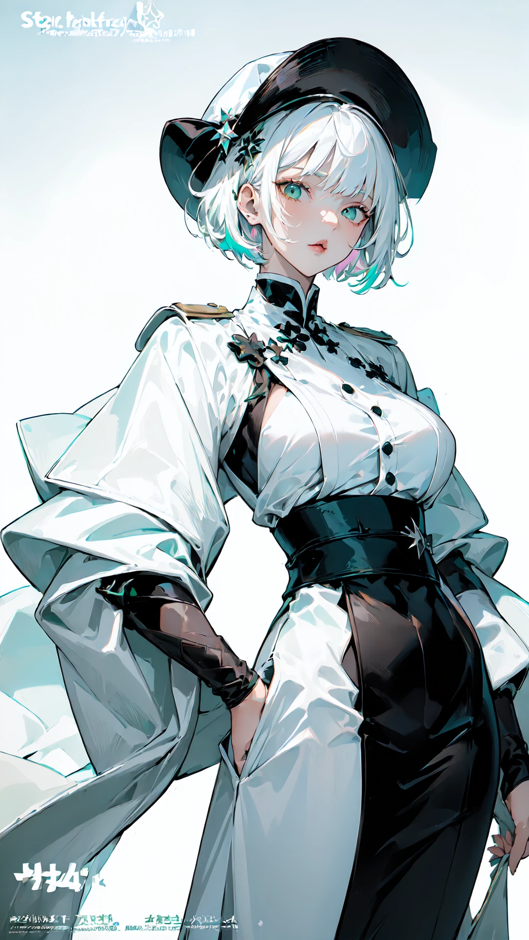 ((masterpiece:1.4, best quality:1.2)), tomboy, 1girl, solo focus, tall female, short hair, white hair, multicolored hair, green eyes, jewel like eyes, medium breasts, black coat, white shirt, accessories, magazine cover, lively, <lora:LoRA-FashionMagCover:1>,