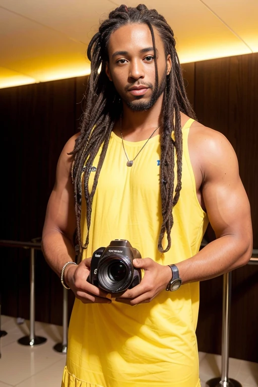 (dreads_hairstyle:1.3),man posing for a photo, wearing elegant, yellow dress,
good hand,4k, high-res, masterpiece, best quality, head:1.3,((Hasselblad photography)), finely detailed skin, sharp focus, (cinematic lighting), night, soft lighting, dynamic angle, [:(detailed face:1.2):0.2],(((futuristic city))),      <lora:dreads_hairstyle:0.5>