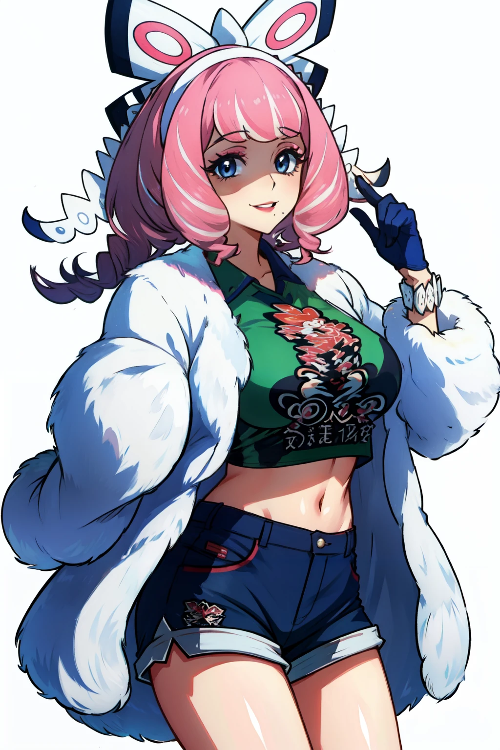 klara(pokemon), coat, looking at viewer, mole, collared shirt, 1girl, pink lips, large breasts, pink hair, fur coat, smile, hairband, white coat, eyeshadow, makeup, solo, white jacket, gloves, dynamax band, pink eyeshadow, mole under mouth, shirt, shorts, single glove, outline, bow, hand up ,white background<lora:klara_pokemon-08:1>