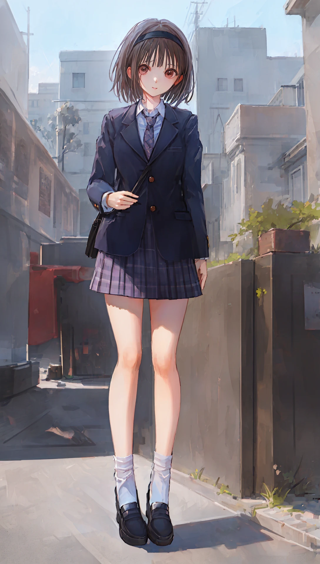 ((((ultra illustrated style:1.0)))),best quality,best animated,masterpiece,ray tracing, global illumination,head,uniform,1girl, solo,standing, looking at viewer, outdoors,street, full body,<lora:Hoshizaki Ao_07:1>