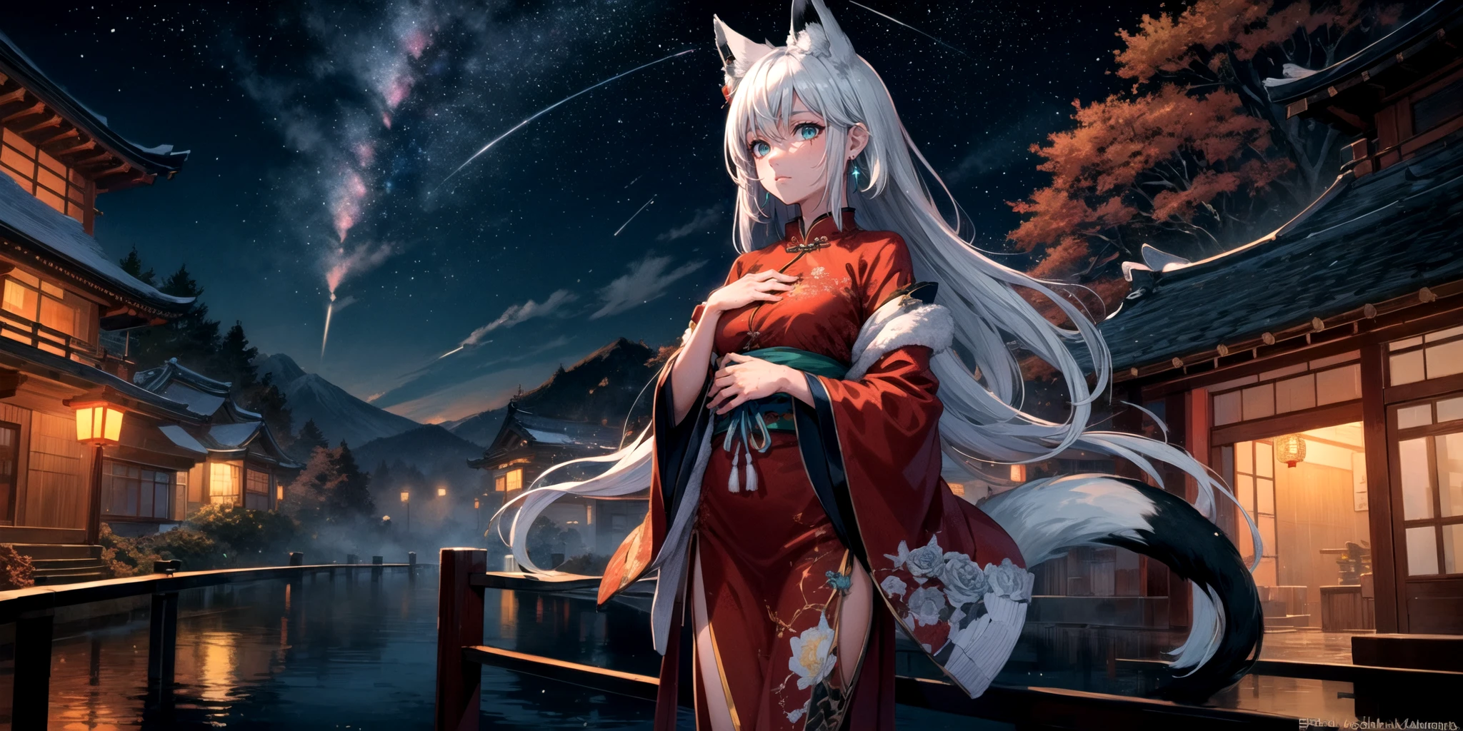 very detailed background, masterpiece, best quality, BREAK 1girl, (fox ears), shirakami fubuki, looking at viewer, jewelry, ribbon, ribbon-trimmed sleeves, long hair, white, aqua eyes, watercolor (medium), colored pencil (medium), green bow, (blue rose), earrings, mountain, dusk, autumn leaves, (autumn), chinese clothes, clouds, east asian architecture, bird, expressionless, building, red rose, rose, snow, snowflakes, fire, (nagishiro mito), sky, blue sky, red moon, fox tail, fox mask, red dress, rain, water, white flower, blue flower, yellow flower, shooting star, starry sky, tree, green background, rainbow, blood, house, street, (river:0.8), (ocean:0.8),(waterfall:0.8), hand on own chest, lamppost, lights, (night), hitodama