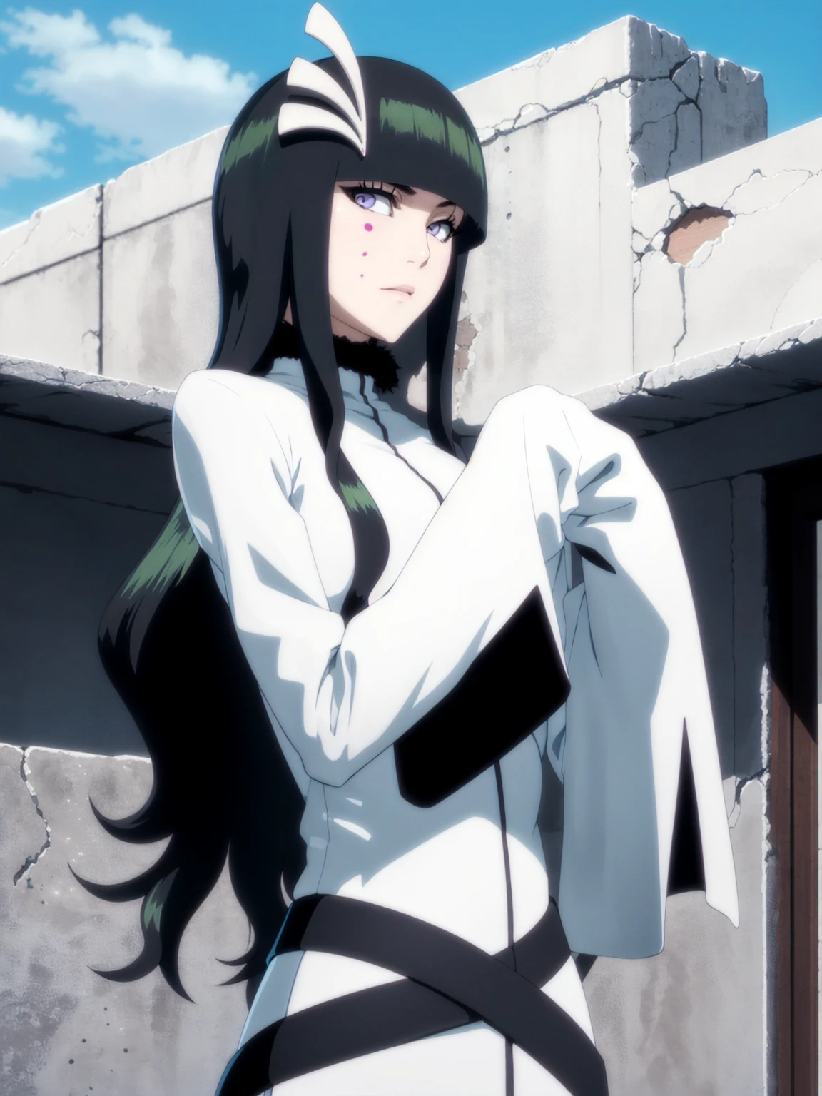 masterpiece, best quality, high detail, cyan_sung-sun, standard outfit, 1girl, solo, long black hair, three hair clip on the right side her bangs, three pink dots below her right eye, purple eyes, fur around neck, long white dress, long sleeves, criss-crossing belts, blue sky, clouds, action pose <lora:Sung-Sun-03:1>