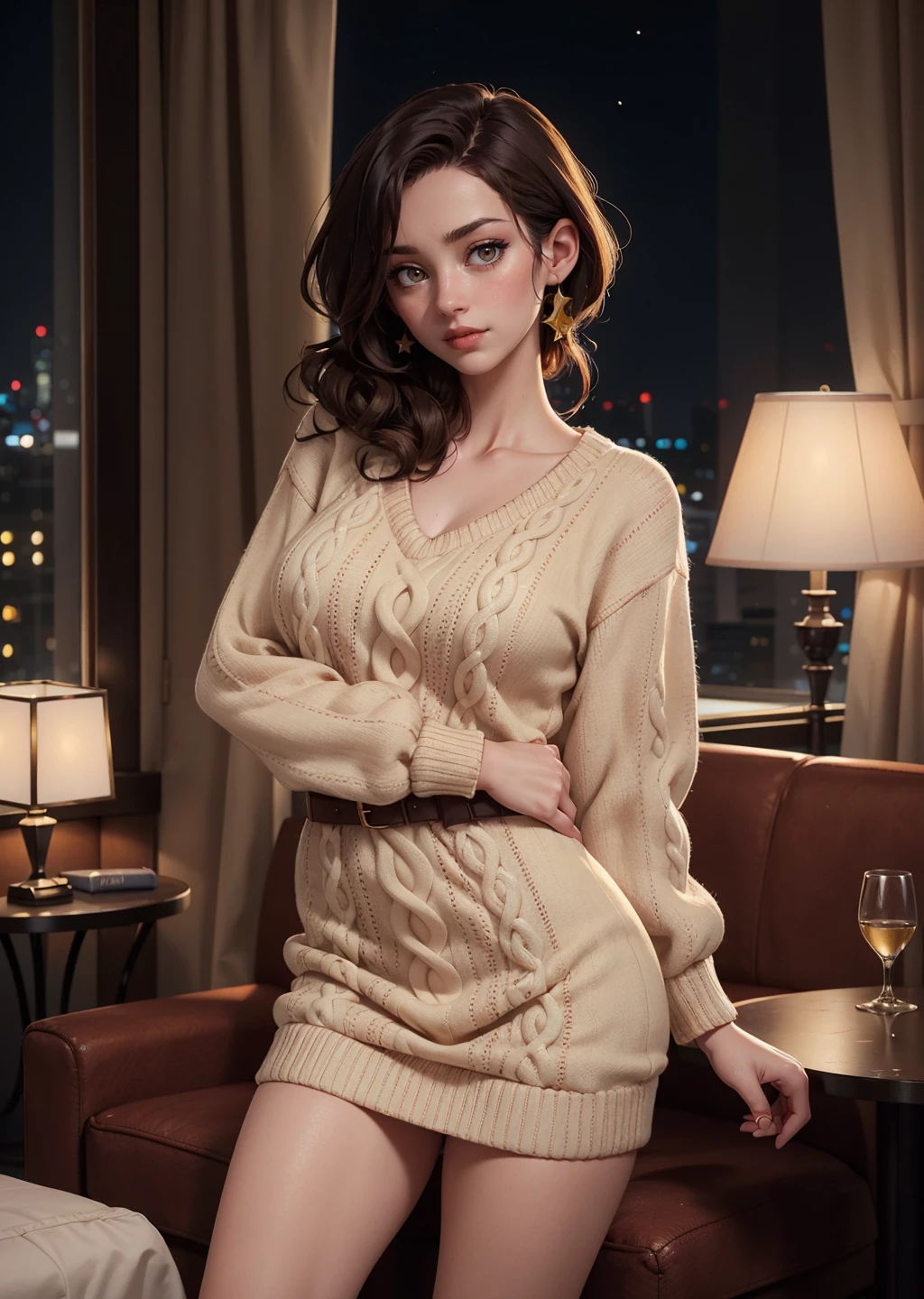 woman posing for a photo,(wearing jumper_dress:1.3), good hand,4k, high-res, masterpiece, best quality, head:1.3,((Hasselblad photography)), finely detailed skin, sharp focus, (cinematic lighting), collarbone, night, soft lighting, dynamic angle, [:(detailed face:1.2):0.2],(((5 stars hotel))), outside, <lora:jumper_dress:0.5>