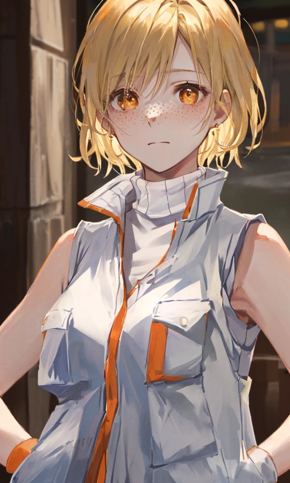 vibrant colors, sharp focus, portrait, clouseup shot, masterpiece, hight detail, (SH3_Heather, heather mason, cheryl mason, solo, videogame character, ((white vest with pockets, sleeveless, orange turtleneck, woolcuffs, orange woolcuffs)), silent hill 3, 1girl, female, in one's twenties woman, caucasian, teenager, soft skin, short blonde hair, front hairbangs, white vest, brown eyes, slight freckles, detailed face, beautiful, attractive, bare neck, bare shoulders), <lora:HeatherMasonSH3_V2:0.9>