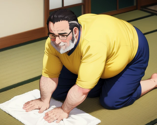 on the tatami with a towel,  <lora:zoukingake_v2:0.5>, (mature fat man:1.3), (white_zoukin:1.2), (zoukingake:1.4), (zoukin:1.2), (anime coloring:1.3), (megami magazine:1.03), (yellow_shirt), glasses, all fours,  smile,