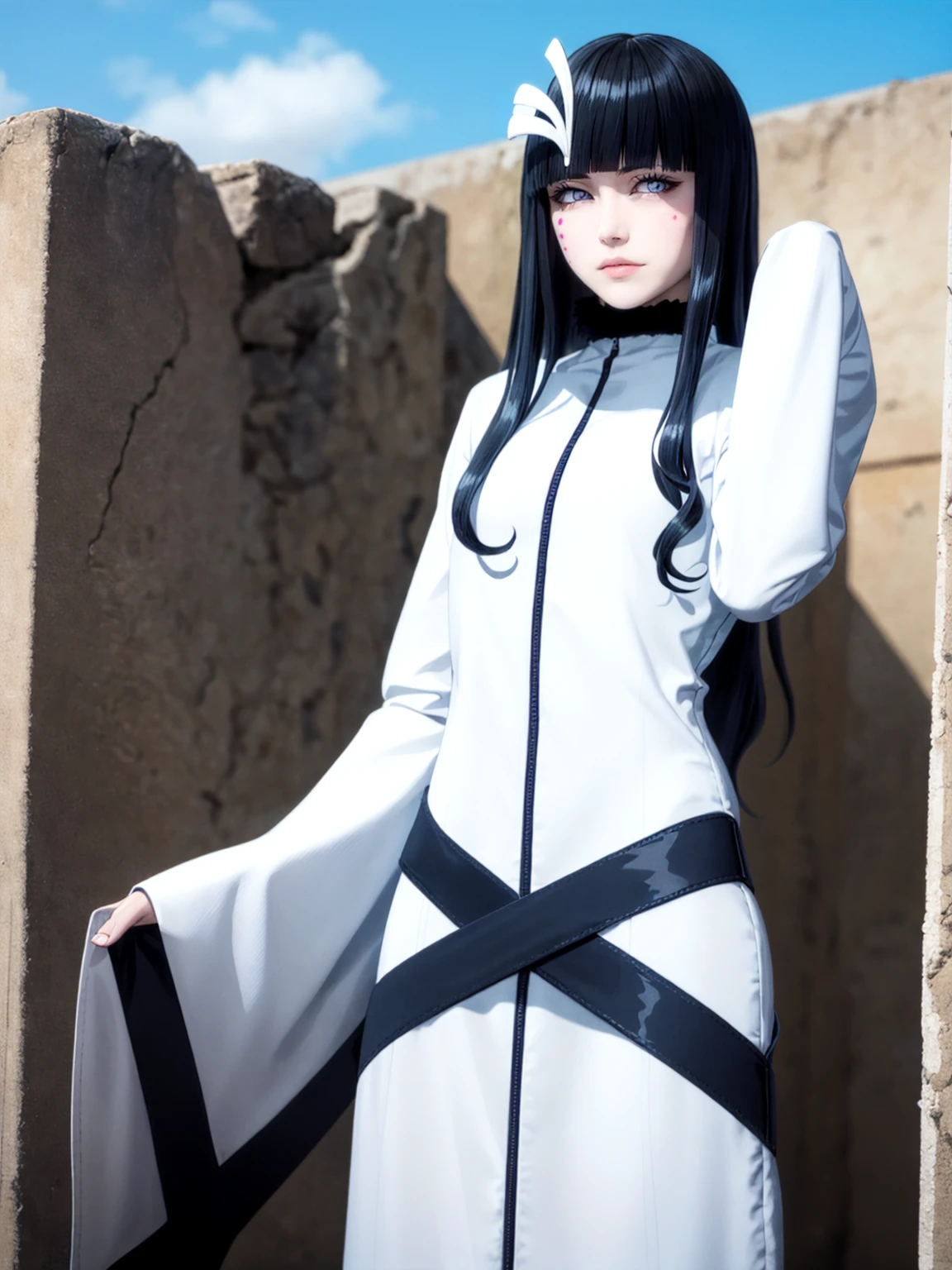 masterpiece, best quality, high detail, cyan_sung-sun, standard outfit, 1girl, solo, long black hair, three hair clip on the right side her bangs, three pink dots below her right eye, purple eyes, fur around neck, long white dress, long sleeves, criss-crossing belts, blue sky, (kbxll:0.6) <lora:Sung-Sun-03:1>