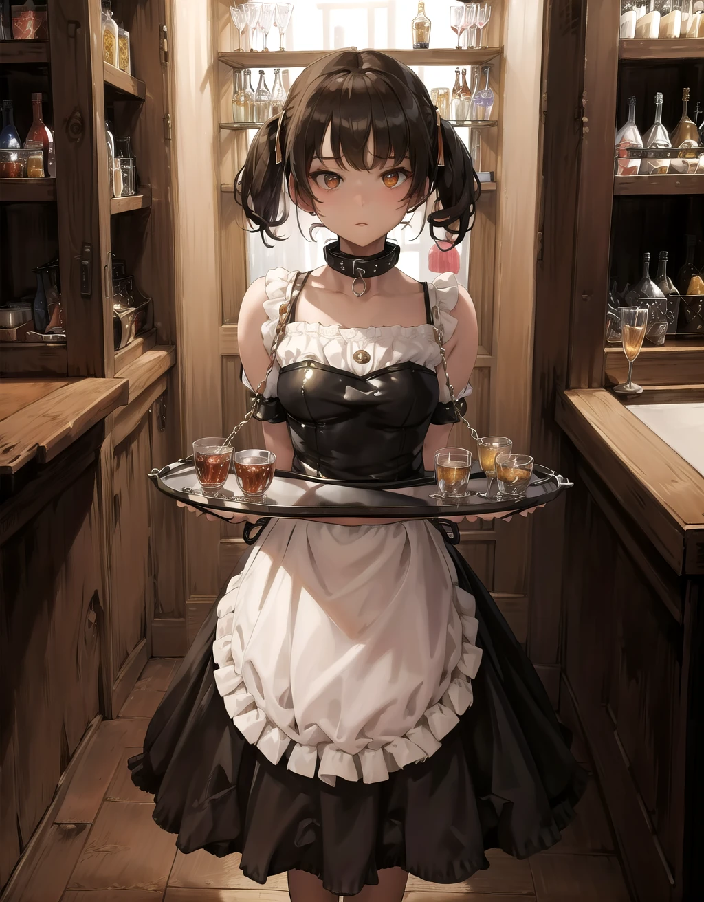 masterpiece, best quality, highres, waitress bdsm, (chained tray:1.3), waitress girl, 1girl, solo, standing position, collar, arms behind back, bondage, bar background, crowd background <lora:waitress4:0.6>