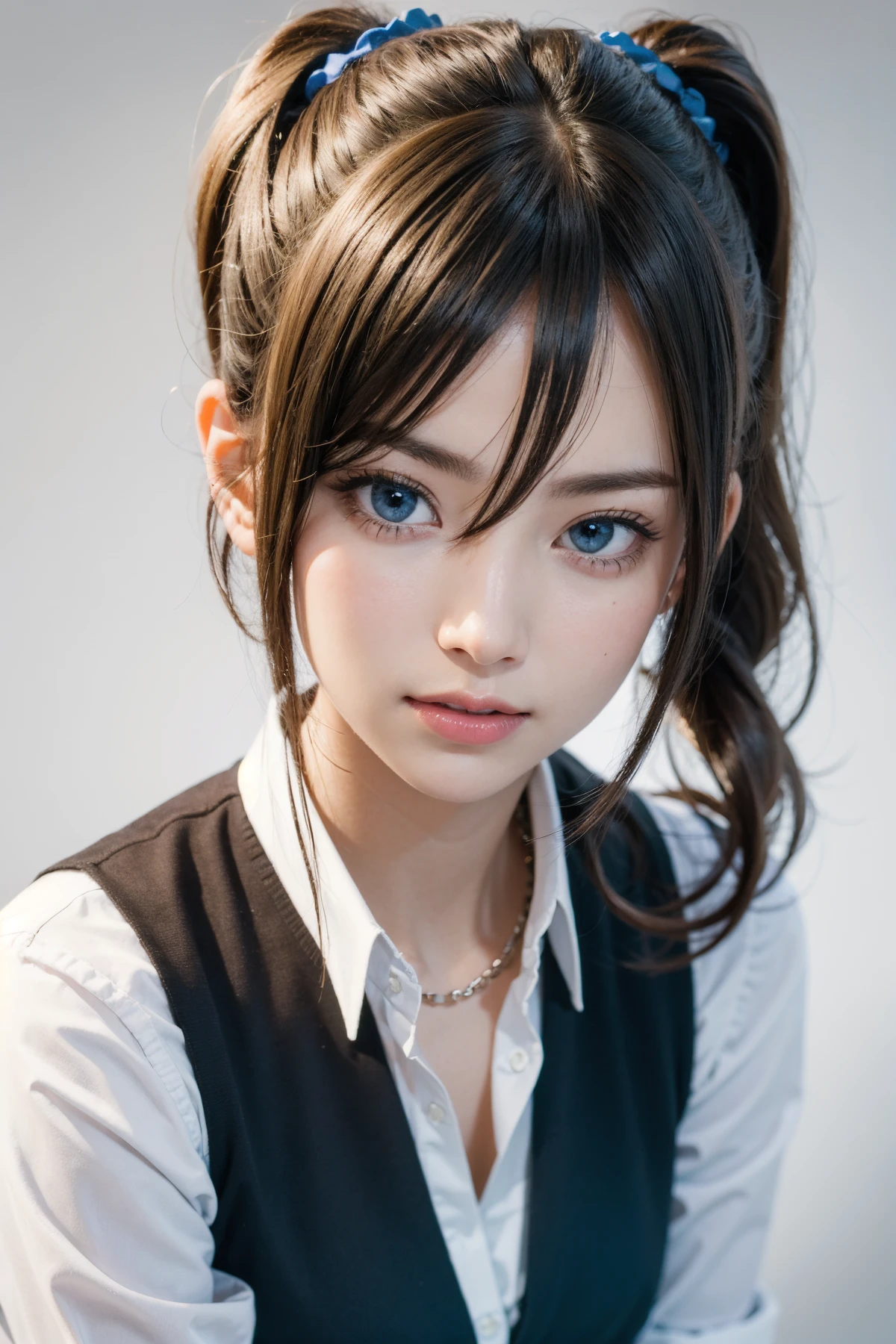 1girl , mizura, forehead protector,-,
(realistic, photo-realistic:1.37),(8k, RAW photo, best quality, masterpiece:1.2), cute, ultra-detailed,heart-shaped pupils,physically-based rendering, ultra high res, looking at viewer,photorealistic,realistic, solo, photorealistic, best quality,extremely detailed face,extremely detailed eyes and face, beautiful detailed eyes,absurdres, incredibly absurdres,haunting smile,childish looks, best quality, masterpiece, portrait, a photography of a beautiful girl, detailed face, pov, (((depth of field))), pale and lustrous skin, (huge breasts), neon glow, random background, <lora:AiHayasakaV4:1>
AiHayasakaV4, 1girl, solo, breasts, looking at viewer, blush, blue eyes, blonde hair, simple background, shirt, hair ornament, white background, hair between eyes, school uniform, white shirt, nail polish, side ponytail, v, scrunchie, hair scrunchie, blue nails, clothes around waist, blue scrunchie, shuuchiin academy school uniform