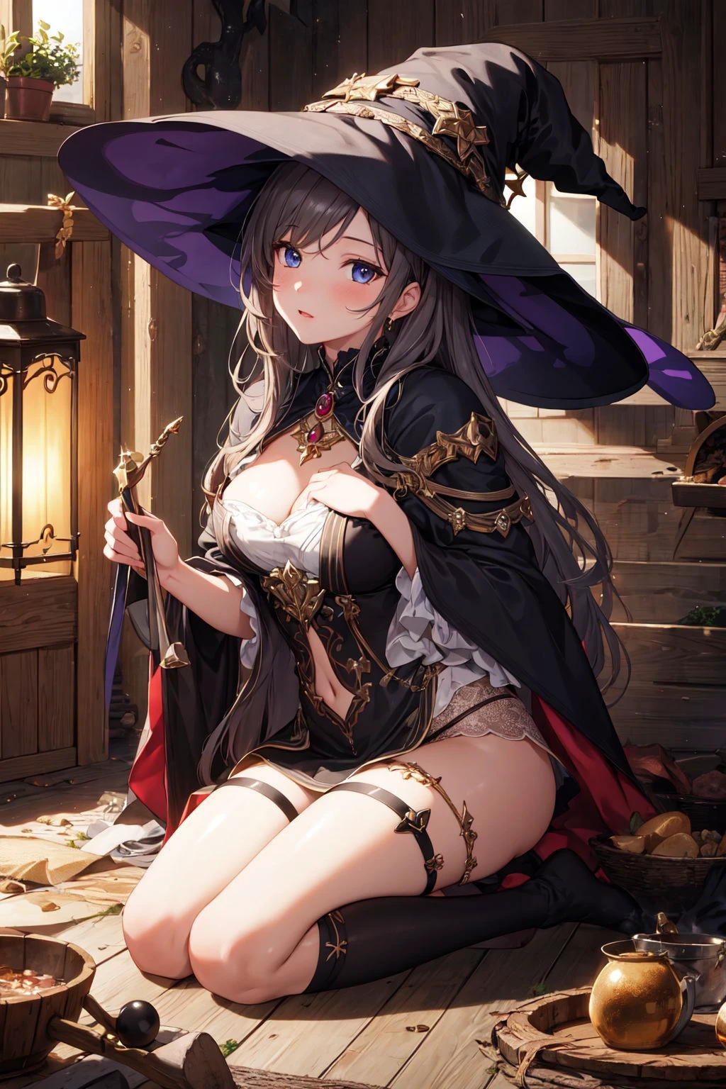 ((masterpiece)), (best quality),
official art, extremely detailed CG unity 8k wallpaper, highly detailed, shiny skin, Depth of field, vivid color,
1girl, (curvy:0.4), (full body:0.6),
(witch:1.1), indoors, wooden hut, (magical:1.1)