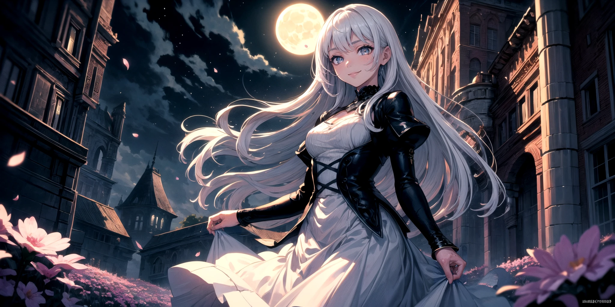 masterpiece, best quality, 1girl, (colorful),(finely detailed beautiful eyes and detailed face), cowboy shot, white hair, solo, smile, intricate skirt, flying petal, Flowery meadow, cloudy sky, building, moonlight, moon, night, light, fantasy,