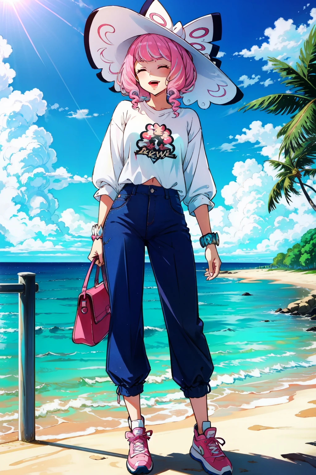 <lora:klara_pokemon-08:1>klara(pokemon), open mouth, standing, full body, pants, pink footwear, sun hat, day, 1girl, ribbon, closed eyes, water, drill hair, blue sky, hat, pink hair, shoulder bag, smile, sky, solo, white footwear, hat ribbon, shoes, shirt, shadow, white shirt, railing, handbag, ocean, cloud, outdoors, bag, sneakers