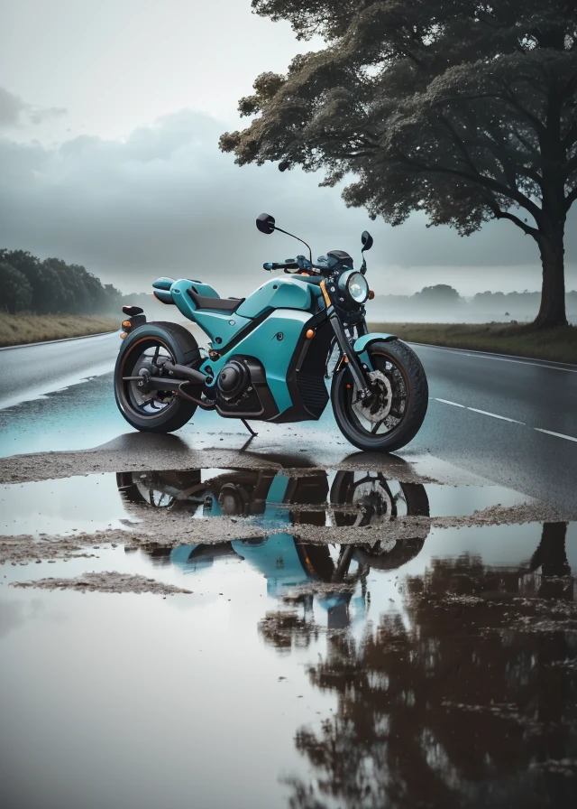 RAW, (masterpiece:1.1), science fiction, (hypermodern teal matte chopper|bike:1.1) <lyco:BikeMaker:0.35>, (minimalist boxy design style:1.1),( front view:1.2), village road, summer fields, trees, water puddles on road, dark evening, after rain, sunset, clouds, mist, rusty dusty, dramatic
realistic, 8k uhd, dslr, cinematic lighting, high quality, film grain, Fujifilm XT3