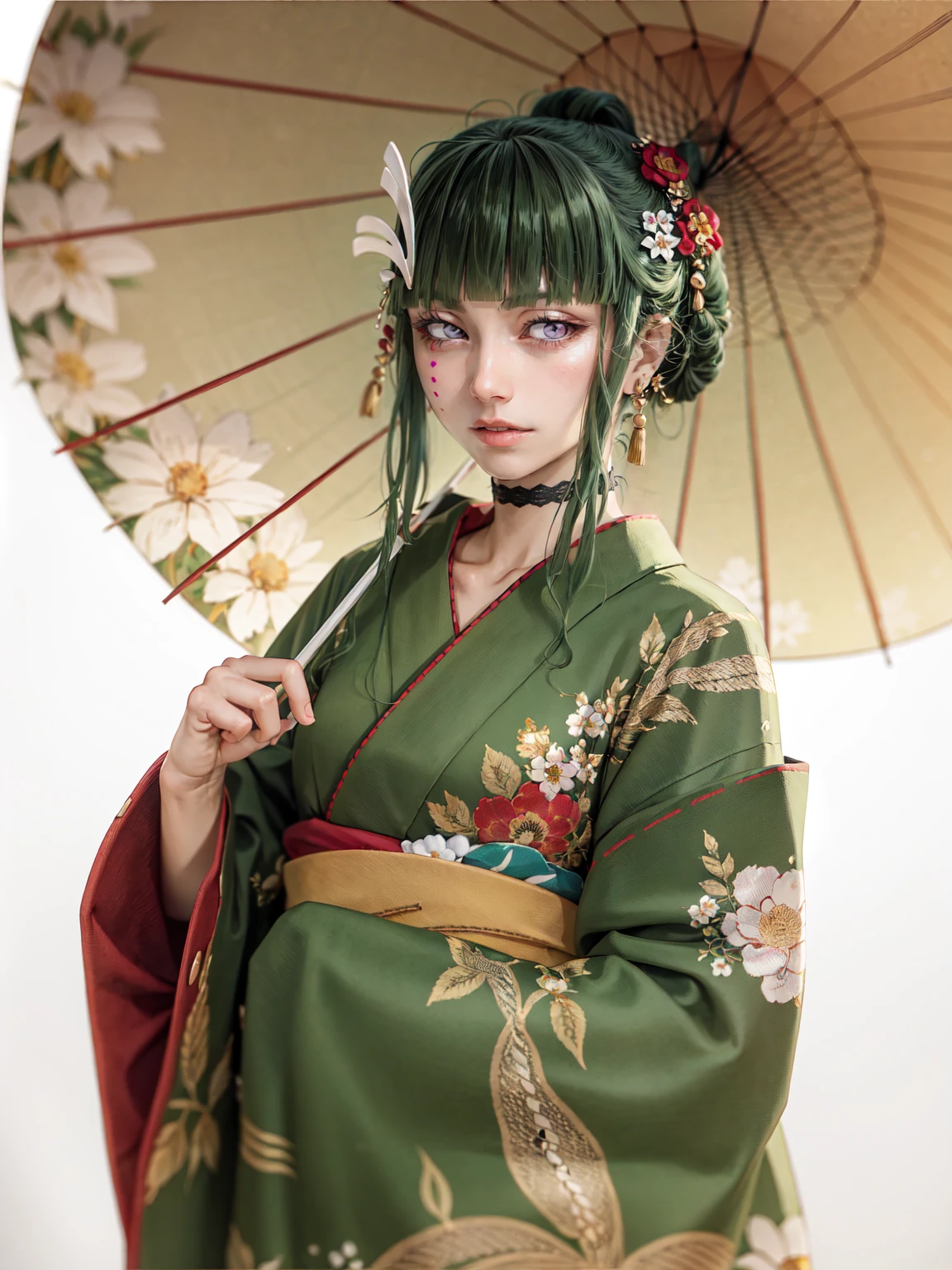 masterpiece, best quality, high detail, cyan sung-sun, 1girl, solo, long olive green hair, three hair clip on the right side her bangs, three pink dots below her right eye, purple eyes, flower hair ornament, bangs, short green kimono, snake pattern on the clothes, long green sleeves, japanese clothes, yellow flower pattern on the clothes, oil-paper umbrella, mouth, wide sleeves(kbxll:0.6) <lora:Sung-Sun-03:1>