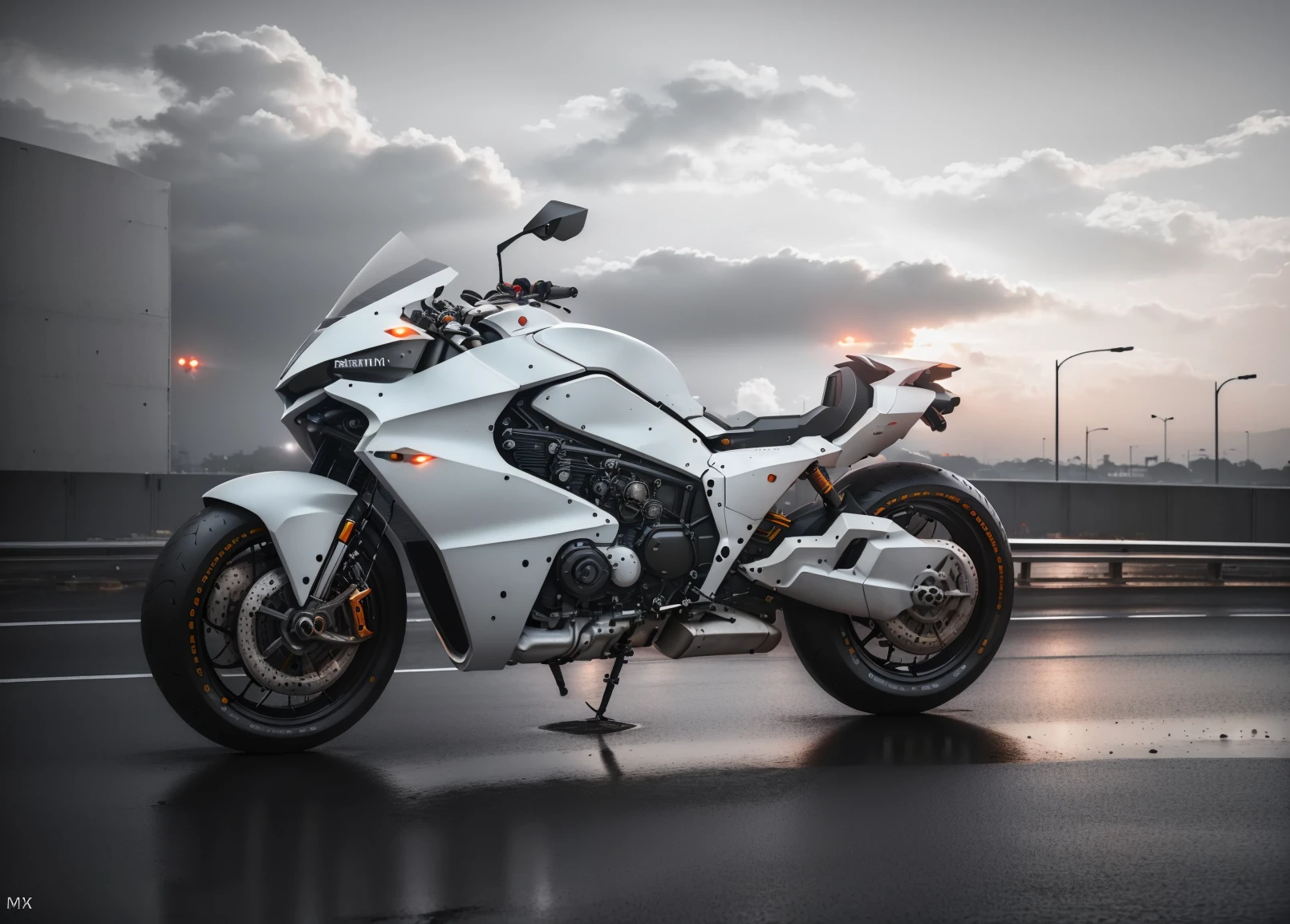 RAW, (masterpiece:1.1), science fiction, white-black matte bike <lyco:BikeMaker:0.85>, minimalist design style, dynamic side view, heading left, highway abandoned, water puddles on road, after rain, sunset, clouds, mist, rusty dusty, dramatic
realistic, 8k uhd, dslr, cinematic lighting, high quality, film grain, Fujifilm XT3