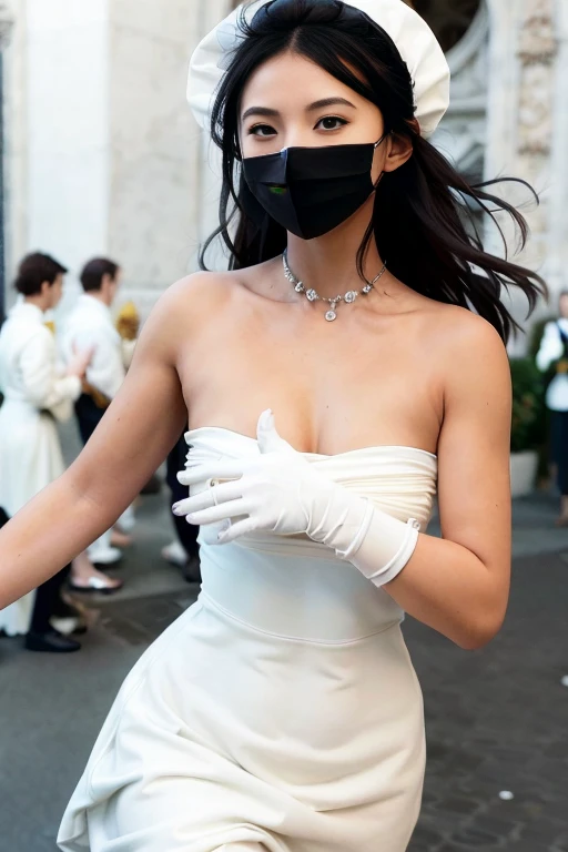 (photo realistic:1.55), <lora:sarah-05:1>, masterpiece, best quality, detailed, blurry, depth_of_field, blurry_background, blurry_foreground, 1girl, gloves, white_gloves, dress, motion_blur, photo_\(medium\), solo, white_dress