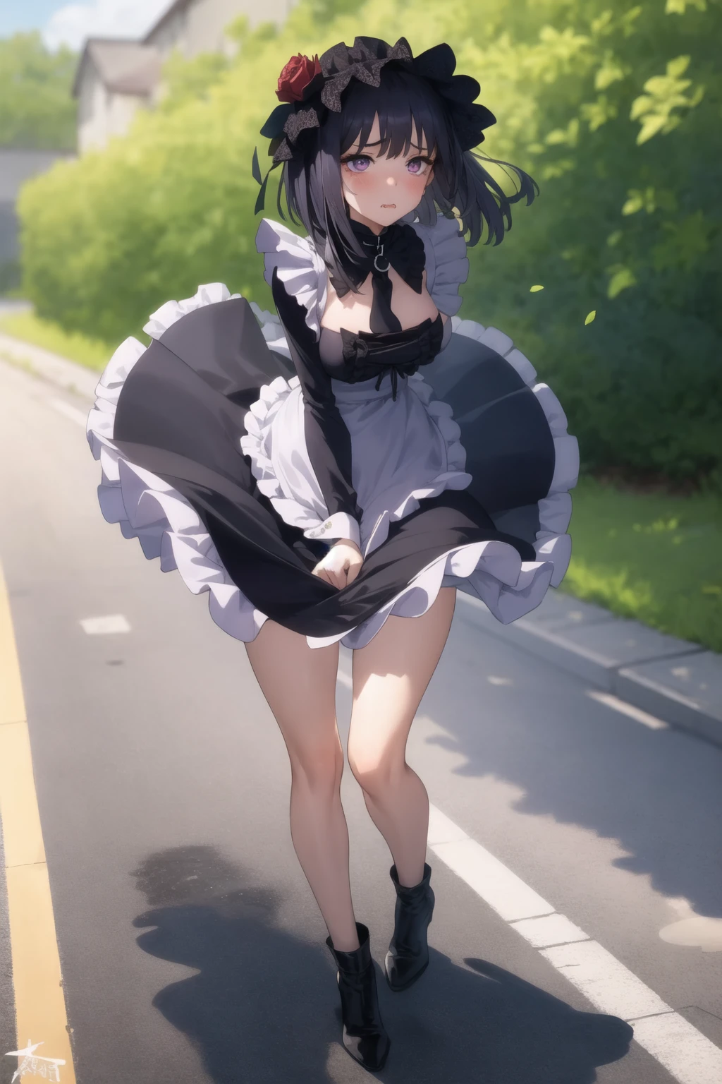 <lora:skirt_tug_v0.1:1>
1girl, clothes tug, full body, skirt, wind, wind lift, leaf, 
<lora:sono-bisque_v4.0b:1> kuroe shizuku,, masterpiece, best quality, highly detailed