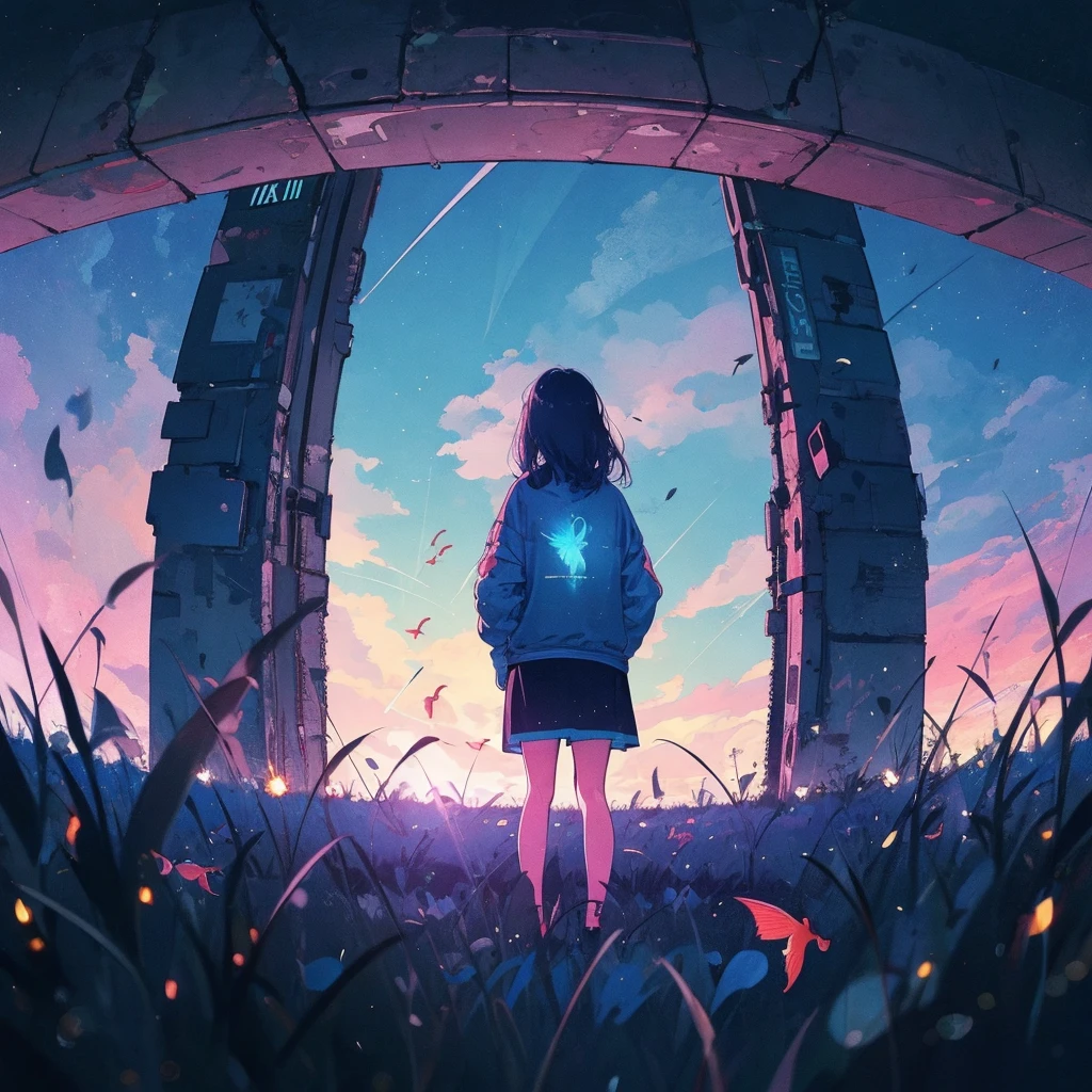 masterpiece,ultra realistic,32k,extremely detailed CG unity 8k wallpaper, best quality, ,wide shot, 1girl, from behind, silhouette, standing, (light particles), grass, space, night sky, (fish-eye lens), lofi color, neon color, <lora:LofiColor:0.65>