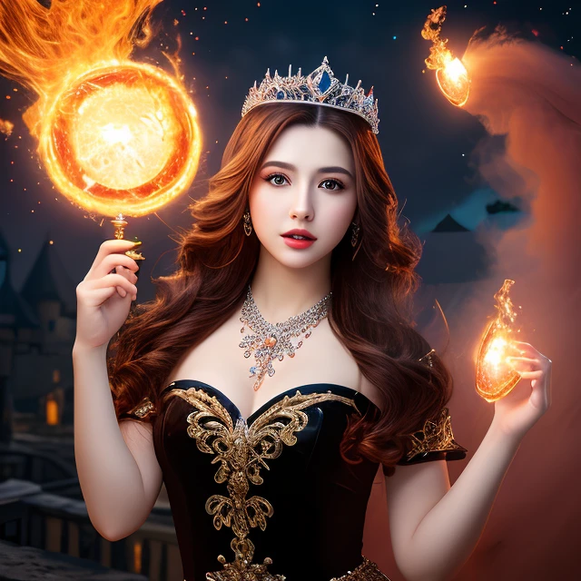 photo of Zelda,1girl, solo, castle background, upper body, serious, dress, tiara, jewelry, bead necklace, magic,focusing, pursed lips, apprentice, casting spell, (fireball)hair flowing in the wind, magic spell, arcane spell, mana, grim dark realistic fireball,