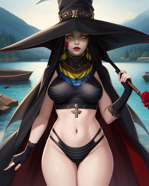 Scathach,makeup,navel,yellow eyes, ,grey skin, floating, closeup, red rose tattoo on face, black caul,
ScaBan,striped crop top ,striped ,fingerless gloves , striped underwear,jewelry ,large witch hat, cape,
nighttime, pillars, lake,
(insanely detailed, beautiful detailed face, masterpiece, best quality) <lora:Scathach-10v3:0.6>