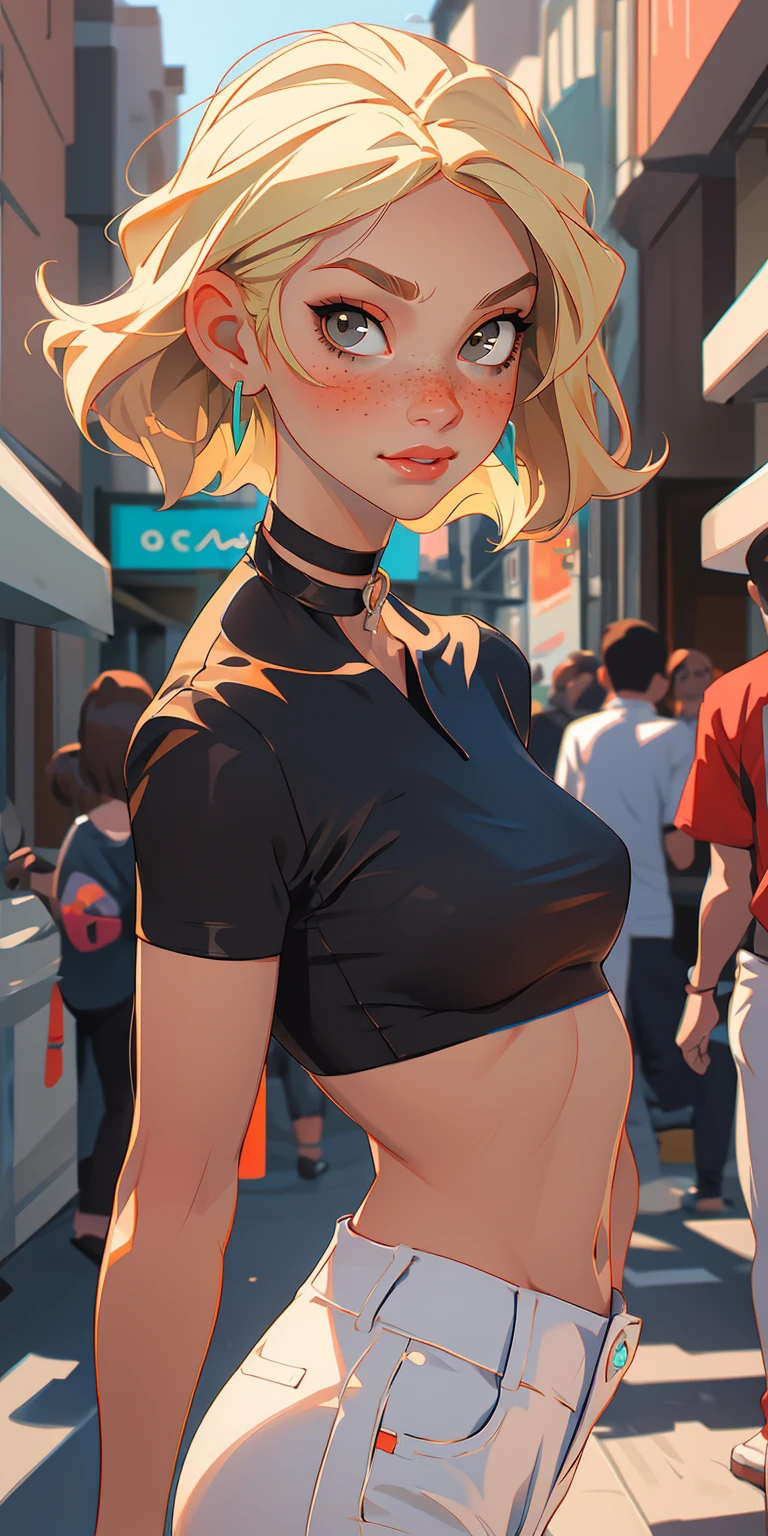 (masterpiece, best quality), 1girl, blonde, freckles, crop top, choker, looking at viewer, upper body, blurry, earrings, street,