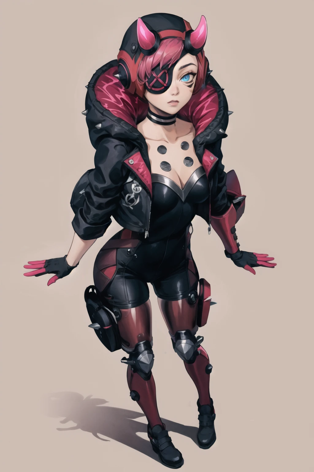 (masterpiece, best quality:1.2), <lora:cyber_punked_wattson:1>, cyber punked wattson, 1girl, solo, bodysuit, jacket, breasts, eyepatch, horns, black bodysuit, black jacket, one eye covered, mechanical arms, black headwear, pink hair, mechanical legs, hood, blue eyes, hooded jacket, single mechanical arm, gloves, black gloves, medium breasts, choker, cleavage, official alternate costume, short hair, collarbone, black choker, from above, full body, standing, outdoors, abstract background