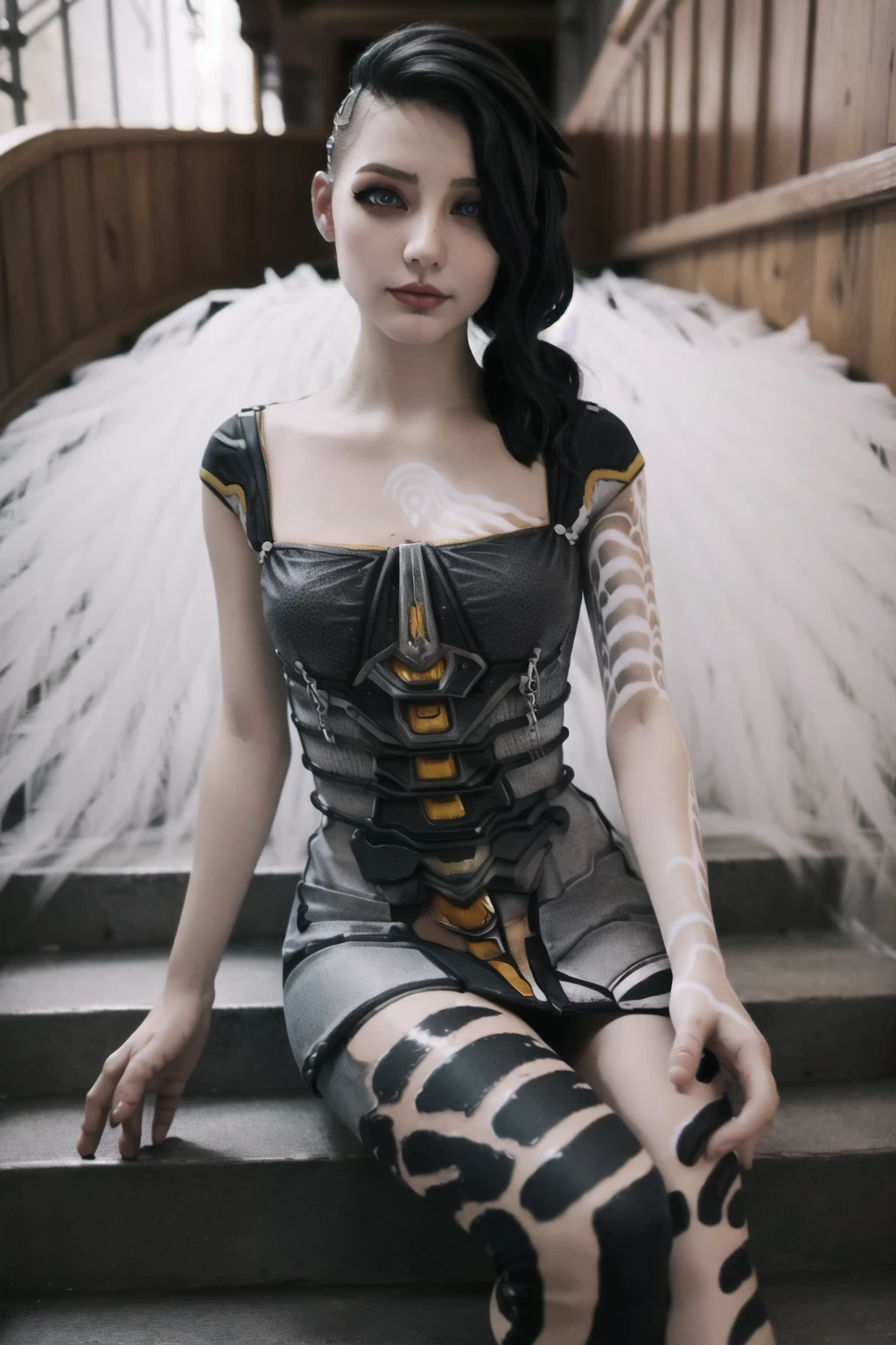 (masterpiece, best quality:1.2), <lora:angel_(borderlands):.95>, angel (borderlands), 1girl, solo, black hair, hair over one eye, breasts, tattoo, asymmetrical hair, makeup, undercut, lips, arm tattoo, blue eyes, posing on a luxurious staircase, legs extended, captivating eyes, sitting,
