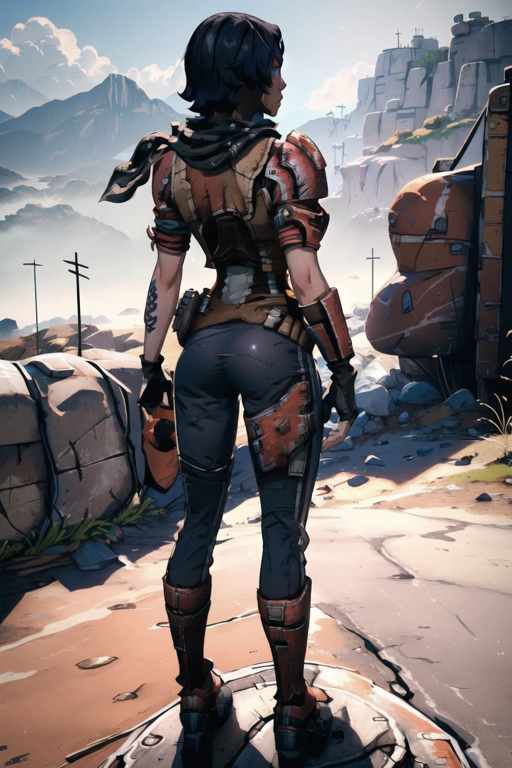 (masterpiece, best quality:1.2), <lora:athena_(borderlands):.9>, athena (borderlands), 1girl, solo, gloves, short hair, fingerless gloves, armor, black hair, knee pads, pants, tattoo, breasts, belt, breastplate, vest, blue eyes, scarf, jacket, from behind, full body, crossed arms, city