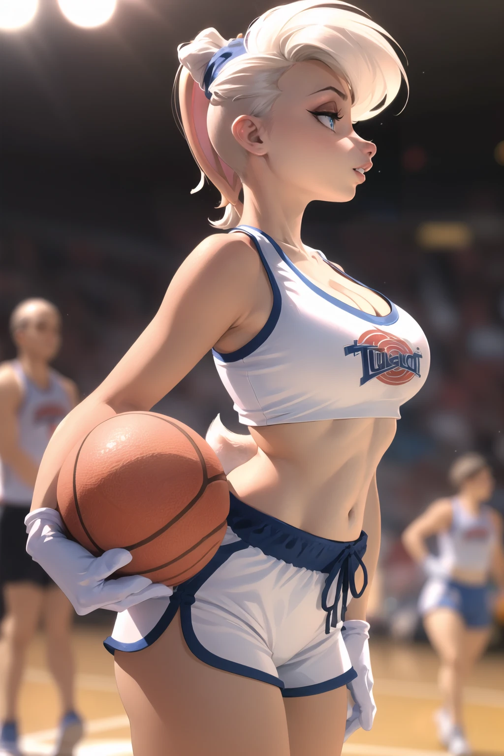 (masterpiece, best quality:1.2), <lora:lola_bunny:.9>, lola bunny, 1girl, breasts, gloves, solo, furry female, rabbit girl, shorts, white gloves, furry, navel, rabbit ears, animal ears, large breasts, cleavage, collarbone, white shorts, midriff, sportswear, sports bra, bare shoulders, standing, stomach, crop top, tail, short shorts, blue eyes, thighs, rabbit tail, basketball uniform, clothes writing, toned, animal nose, parted lips, sleeveless, teeth, short hair, shirt, blurry, solo focus, blurry background, from side, depth of field, upper body, photo background, profile