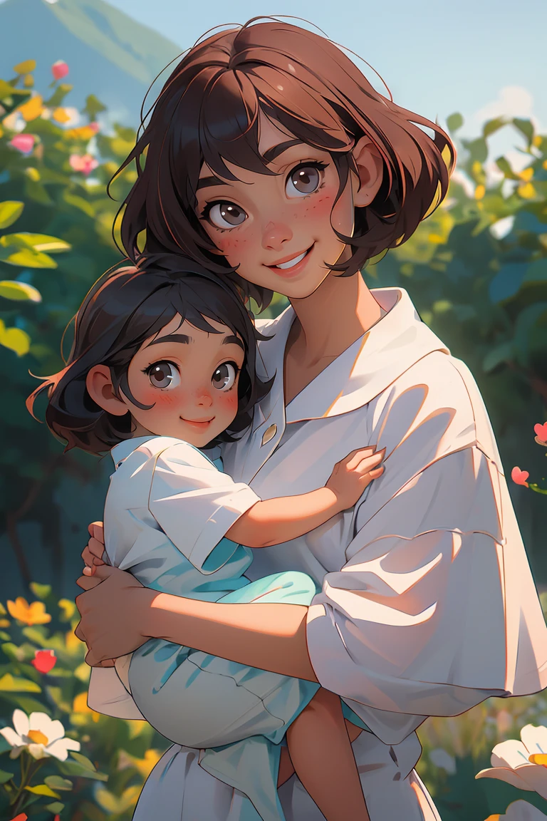 (masterpiece, best quality), family photo, looking at viewer, happy, blurry