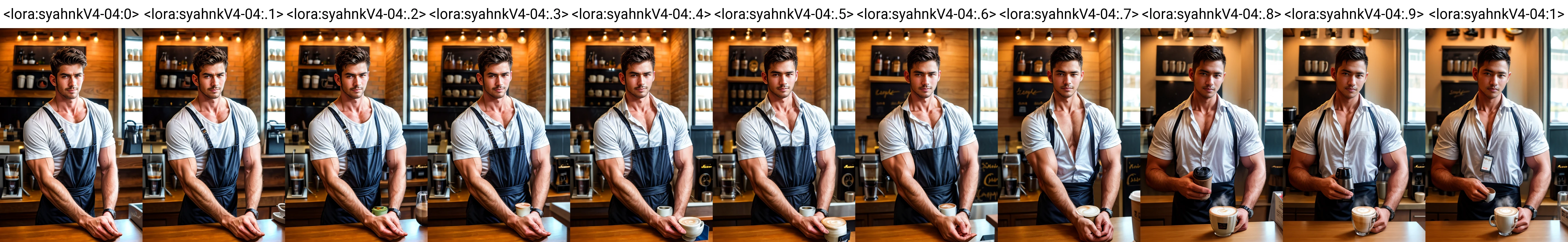 ((masterpiece)), ((best quality:1.2)), (ultra_realistic:1.3), (photorealistic:1.4), high resolution, shot by canon DSLR, lens 50mm, 8K UHD, <lora:add_detail:1.25>,homo, handsome face, perfect, masculine, male, muscular, good anatomy, (sharp focus), <lora:syahnkV4-04:0>, syahnk,eye view viewer, as (That brooding barista who serves you a latte with a side of smoldering looks every morning)